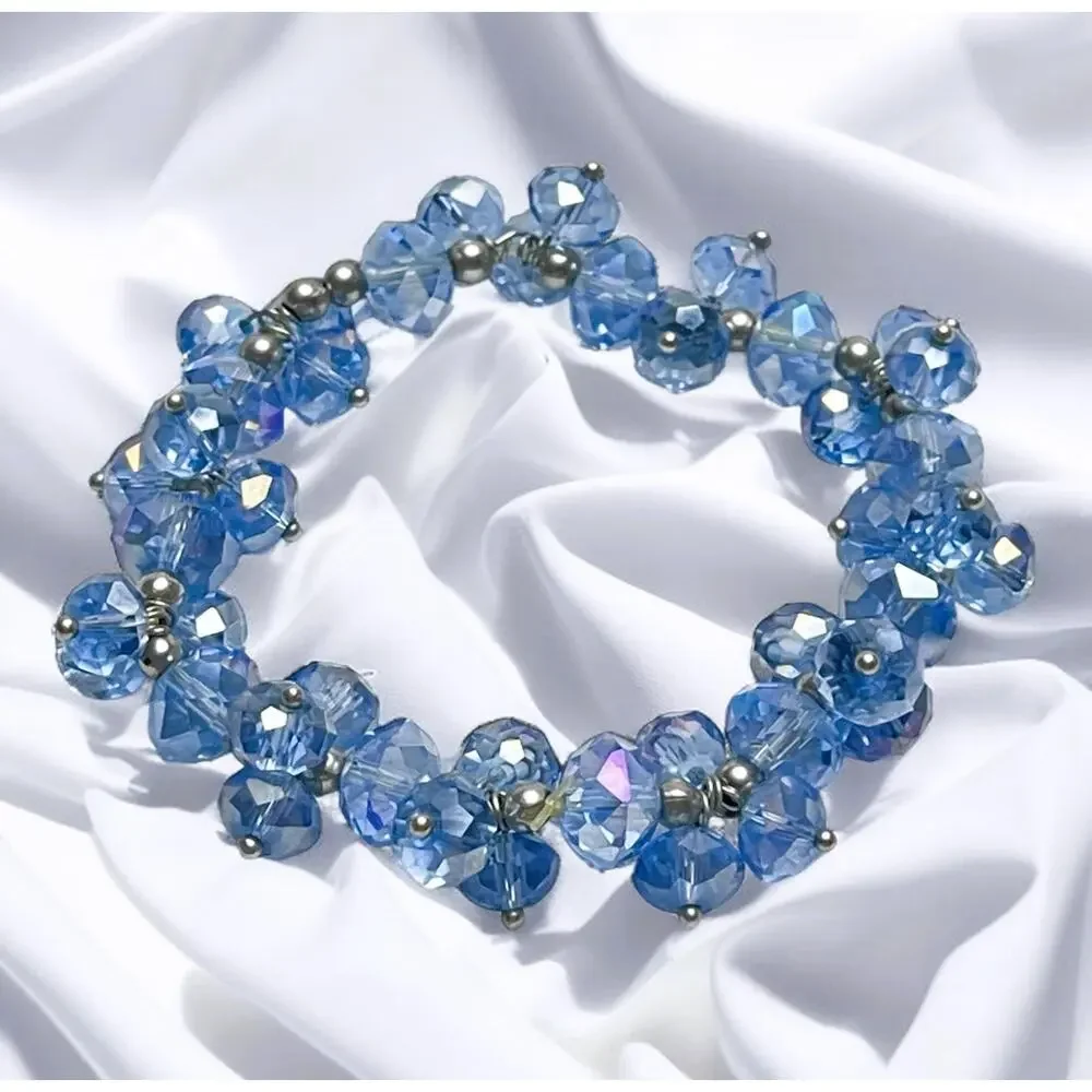 Vintage Ice Blue Cluster Crystal Glass Iridescent Beads & Silver Balls Bracelet